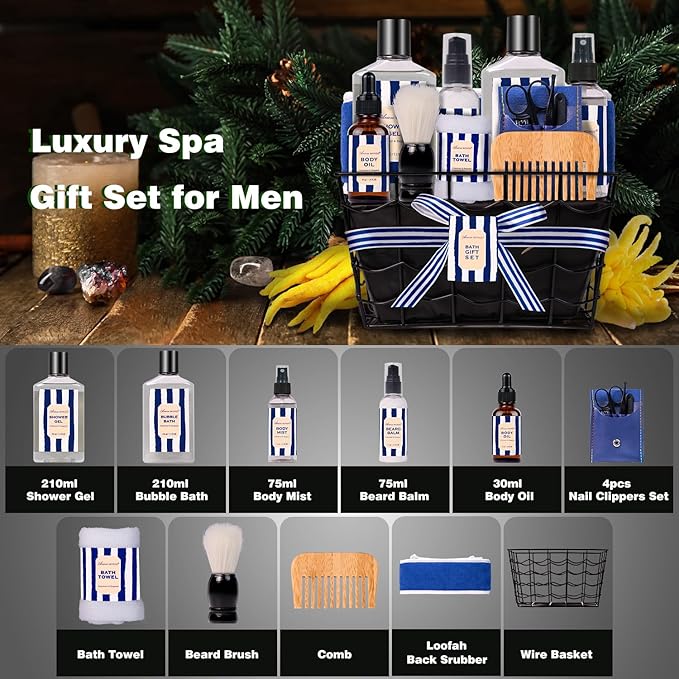 Fathers Gifts for Men Dad Bath and Body Gift Sets for Men with 10 Pcs Cedar & Bergamot Spa Gifts Set, Bath Gift Set Includes Beard Balm, Bubble Bath.Perfect Relaxation Spa Gift Basket for Men