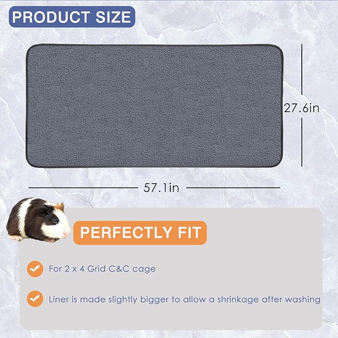 Guinea Pig Fleece Cage Liners for C&C 2x4 Habitat, Washable Reusable Guinea Pig Bedding Super Absorbent Guinea Pig Pee Pads Anti Slip Mat for Rabbit Hamster Rat - 2 Pack 57.1" x 27.6"