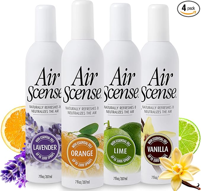 Air Scense Air Freshener Deodorizer Room Spray for Bathroom & Home, Essential Oils, Natural Variety (Orange, Lavender, Lime & Vanilla)- 7 fl oz (4-Pack)