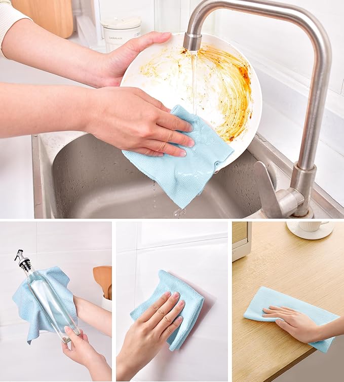 KitchLife Microfiber Cleaning Cloth Roll, 100 Pack - Tear-Away Microfiber Paper Towels, Lint-Free, Reusable, Washable for Kitchen, Car, Dishes, and Sensitive Surfaces (Blue)