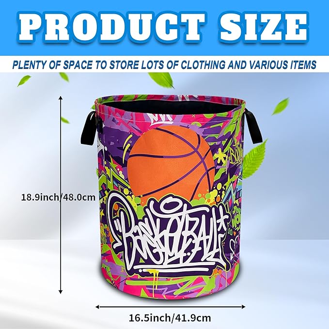 Basketball Laundry Basket Oxford Cloth Funny Sports Laundry Hamper With Handle Foldable Portable Clothes Storage Basket 18.9 X 16.5 In Storage Bag For Laundry Room/Bathroom/Bedroom/Dormitories