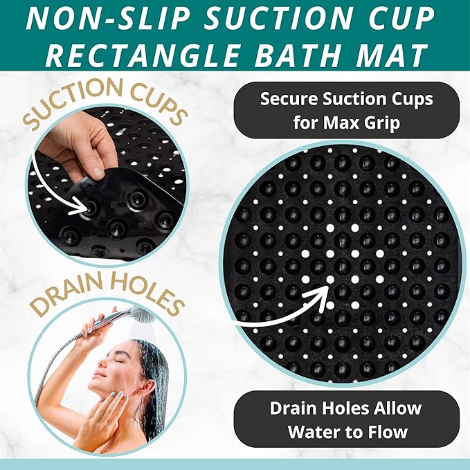 ENKOSI Bath Mat – 40 x 16 Inch Extra Long Non Slip Bathtub Mat – Anti Slip Black Shower Mat with Suction Cups – Bathroom Mat for Tub and Smooth Shower Floors (Black 40x16)