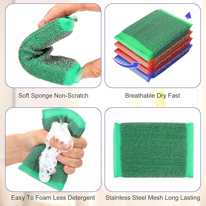24 Pack Steel Scrub Sponges, Non-Scratch Metal Dish Scrubbers Heavy Duty Scouring Pads Kitchen Metal scrubbers for Pots Pans Cleaning Red Blue Green Yellow 4 Color