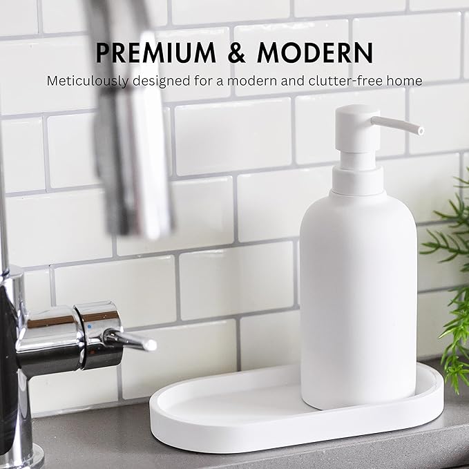 Matte White Round Soap Dispenser Tray, 8” Soap and Lotion Bottle Tray Organizer Plate for Bathrooms, Kitchens, Countertops - Holds 2 Soap Dispensers