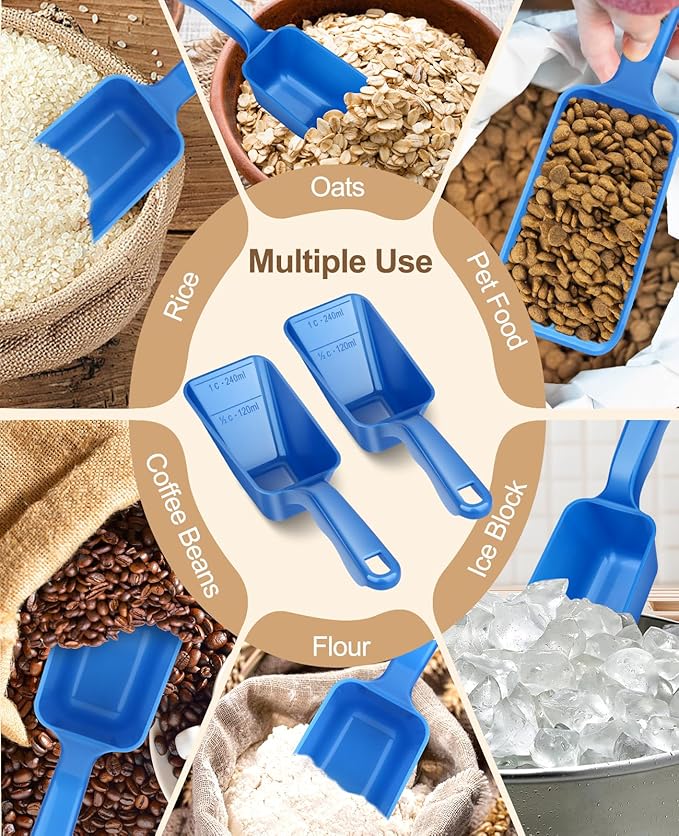 2-Pack Dog Food Scoop 1 Cup, Plastic Pet Food Measuring Scoop With Measuring Lines (1/2 & 1 Cup Markings) for Dogs, Cats, Fish, Bird（Blue)
