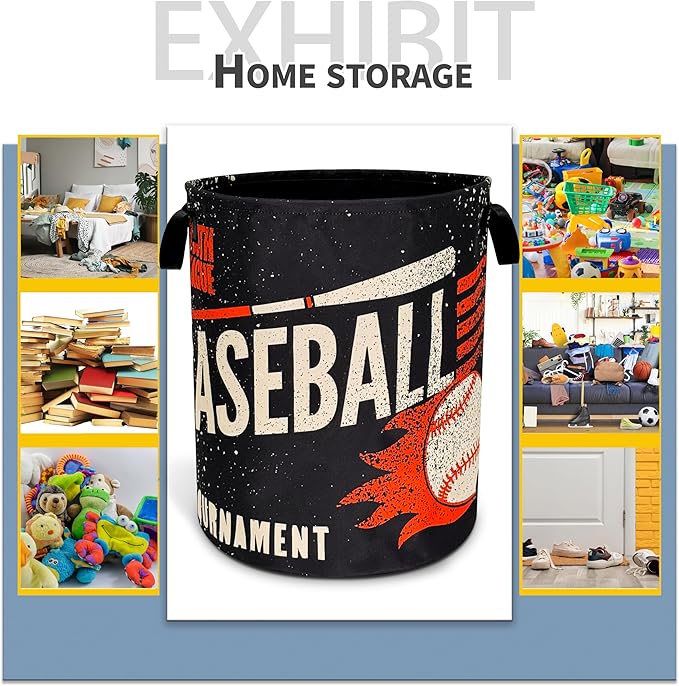 Baseball Laundry Basket Foldable Oxford Cloth Funny Tote Bag Laundry Hamper Clothes Storage Bucket Toy Organizer For Bathroom/Laundry Storage/Bedroom 18.9x16.5 Inch