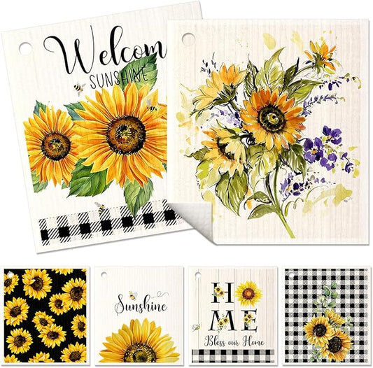 6 Pack Swedish Dishcloths for Kitchen - Reusable Dish Cloths for Washing Dishes Absorbent Cute Funny Kitchen Towels Cleaning Sponge, Sunflower