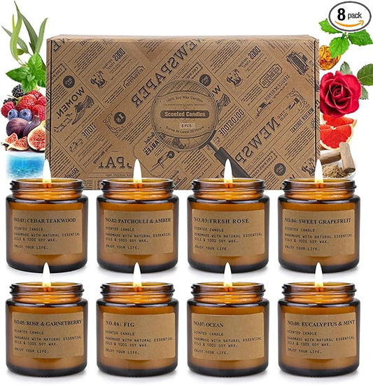 8 Pack Candles for Home Scented,Aromatherapy Jar Candle Gifts for Women, Natural Soy Wax Amber Candle Set, Scented Candles Set for Birthday Valentine Thanksgiving Christmas Day Present