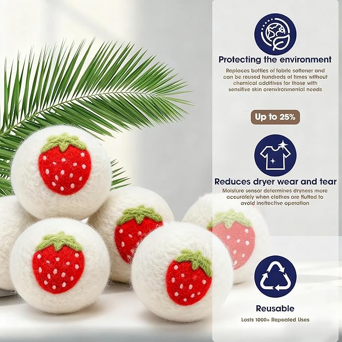 Wool Dryer Balls，New Zealand Wool Laundry Balls for Dryer (Pack of 6, Strawberry Handmade Pattern)，Softens Clothes,Naturally Reduces Drying Time and Static Electricity