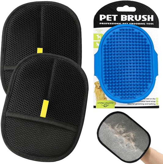 3-Pack Electrostatic Pet Hair Removal Gloves ,Magic Brush for Cats & Dogs,Dog Cat Hair Remover Gloves for Couch, Furniture, Carpet, Car Seat, Laundry - Reusable & Washable(2-Pack Gloves + 1 Brush)