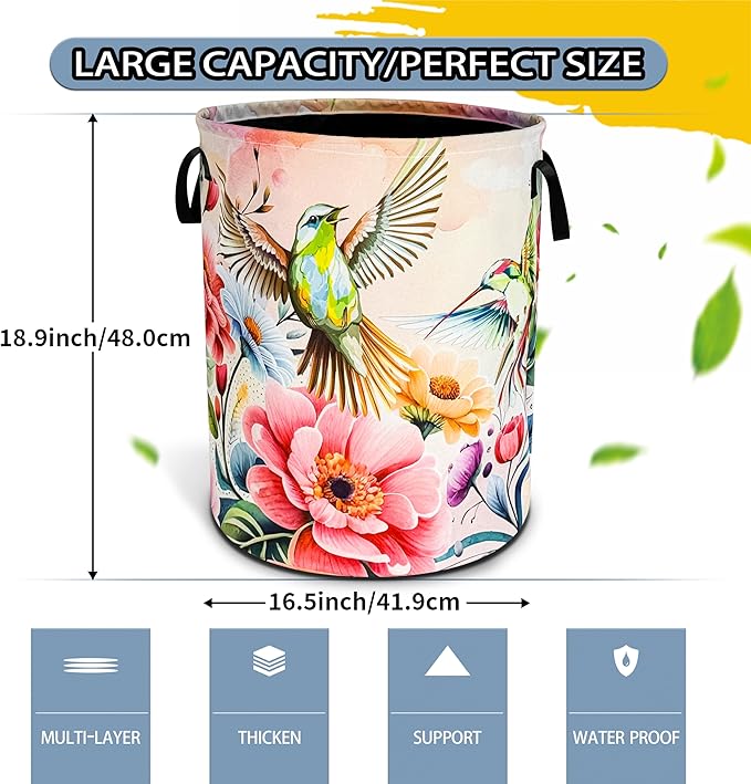 Hummingbird Laundry Basket Beautiful Bird Flower Foldable Oxford Cloth Funny Tote Bag Laundry Hamper Clothes Storage Bucket Toy Organizer For Bathroom/Laundry Storage/Bedroom 18.9x16.5 Inch