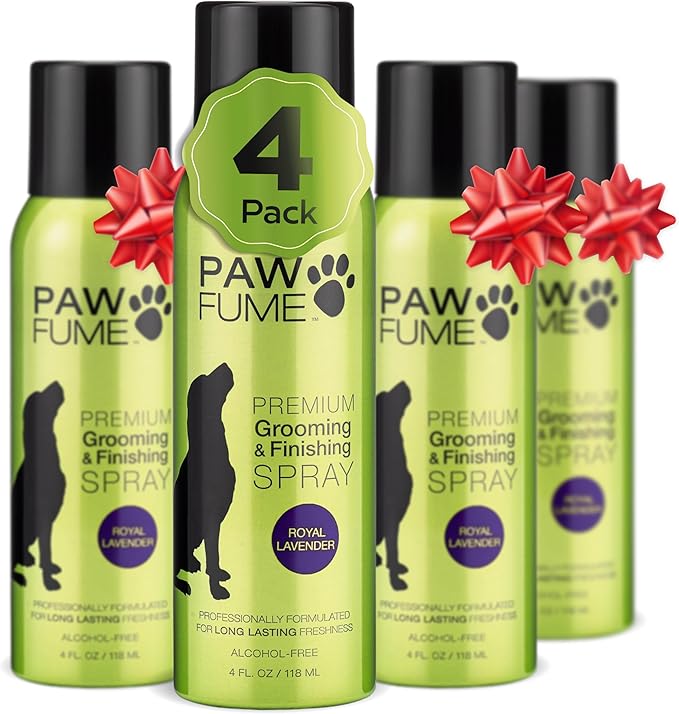 Paw Fume Dog Detangler Grooming Spray, Royal Lavender, 4-Pack – Keeps Pups Fresh All Day – Hypoallergenic, Alcohol-Free, Detangling & Moisturizing – Salon-Quality Dog Necessities for Coat & Fur Care