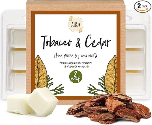 Aira Soy Wax Melt - Organic, Vegan, Kosher, Scented Soy Wax Cubes w/Essential Oil Blends - No Chemical 100% Soy Tart for Electric/Tealight Melters - Hand-Poured Soy Tarts - Tobacco & Cedar - 2 Pack