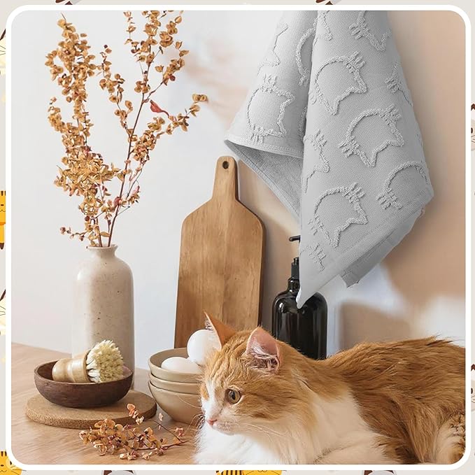 2 Pcs Cat Hand Towels for Bathroom, Cute Gray Kitty Face Jacquard Weave 100% Cotton Absorbent Decorative Towels for Bathroom Kitchen Decor Gift, 13.7 x 29.5 Inch