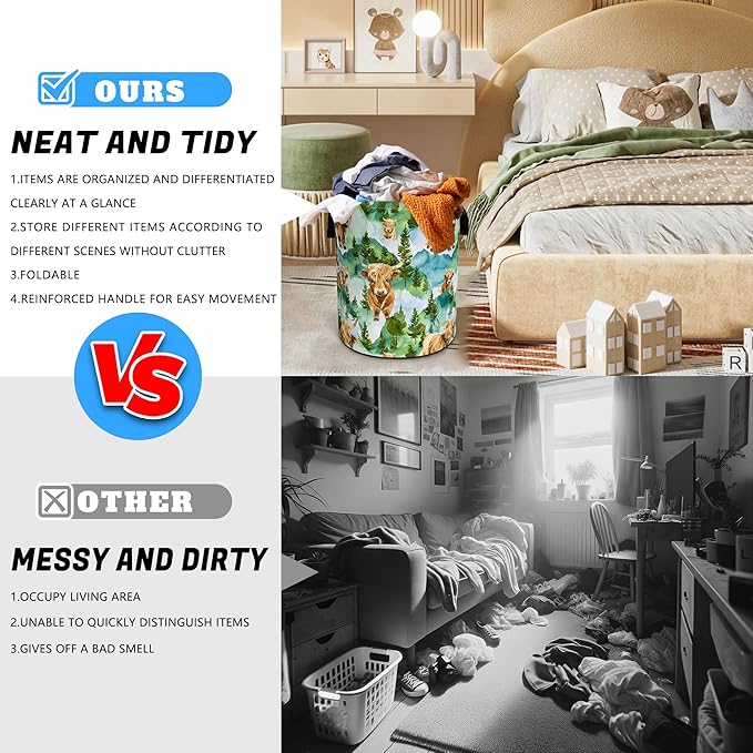 Highland Cattle Laundry Basket Grassland Oxford Cloth Laundry Hamper With Handle Foldable Portable Clothes Storage Basket 18.9 X 16.5 In Storage Bag For Laundry Room/Bathroom/Bedroom/Dormitories