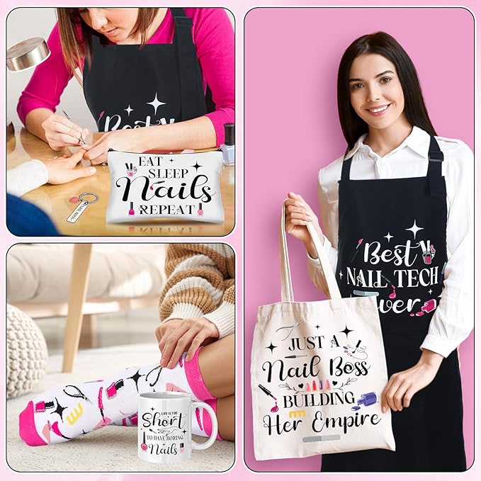 6 Pcs Christmas Nail Technician Gift Set Include Waterproof Oil Proof Apron Mug Keychain Canvas Tote Bag Cosmetic Bag Socks for Women Nail Tech Art Lover Must Haves Manicurist Gift