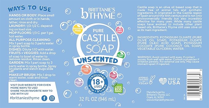 Brittanie’s Pure Castile Liquid Soap Refill, Unscented, 32 Ounce Pack of 2 | Dish Soap, Hair & Body, Home, Gentle and Pure, Made with Natural Luxurious Oils, Vegan & Gluten Free Non-GMO