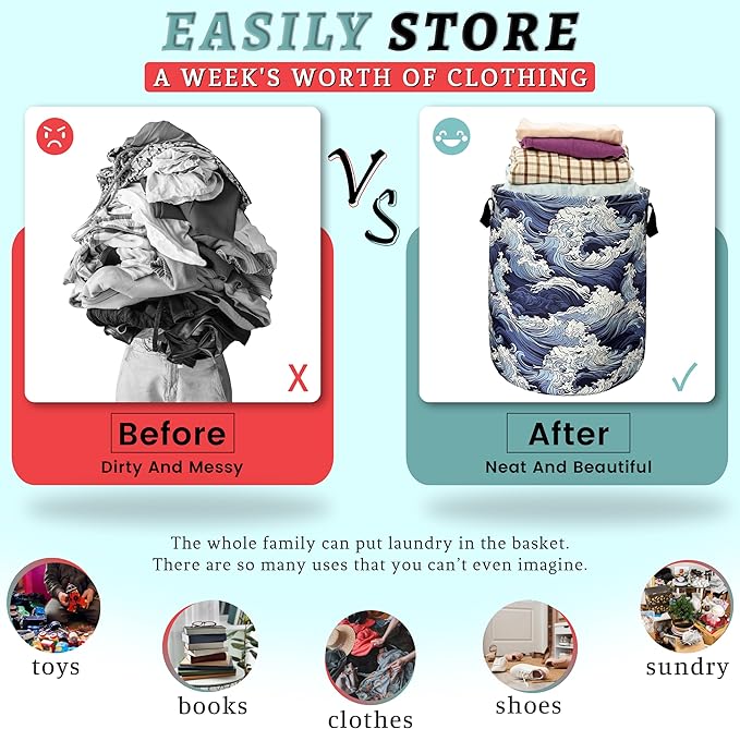 Vintage Sea Waves Laundry Basket With Handles Oxford Cloth Tote Bag Colorful Laundry Hamper 18.9"x16.5 "Foldable Clothes Storage Bucket Toy Organizer For Bathroom/Laundry/Bedroom