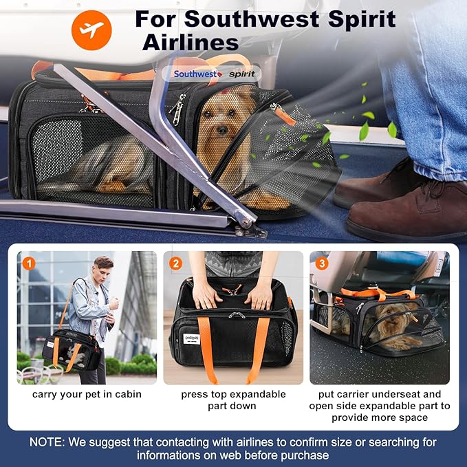 18x13.5x9 TSA Approved top and 1 Side Expandable pet Carrier for Small Dog Puppy cat up to 8 lbs Weight, for Spirit Southwest Airlines with Double Zipper Locks and 2 Pockets.