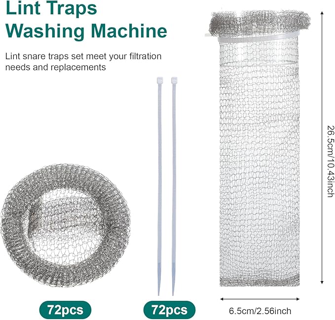 72 Pcs Stainless Steel Lint Traps for Washing Machine, Silver Laundry Mesh Washer Drain Hose Filter Snare with 72 Pcs Cable Ties