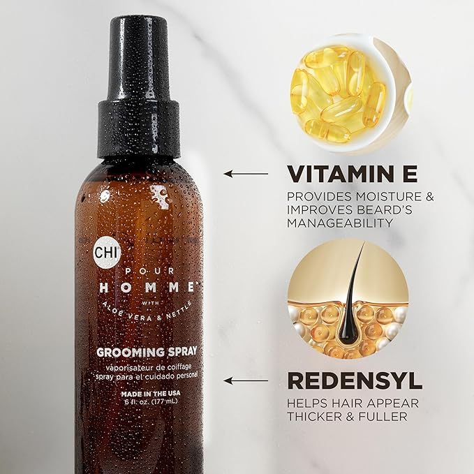 CHI Pour Homme Grooming Spray for Men, Hairspray For Creating Long-Lasting Styles, Made With Aloe Vera & Nettle, Fresh, Woody Scent, 6 oz