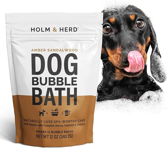 Amber Sandalwood Dog Care Gift Bundle – 3 Piece Grooming Set with Bubble Bath Shampoo Alternative, Deodorizing Coat Spray & Moisturizing Serum – Luxury Dog Spa Kit & Grooming Gift (Amber Sandalwood)