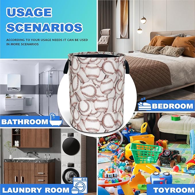 Baseball Laundry Basket Ball Oxford Cloth Laundry Hamper With Handle Foldable Portable Clothes Storage Basket 18.9 X 16.5 In Storage Bag For Laundry Room/Bathroom/Bedroom/Dormitories