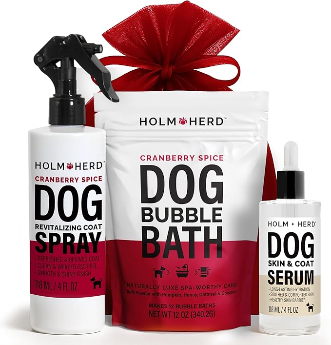 Holm & Herd Cranberry Spice Dog Care Gift Bundle – 3 Piece Grooming Set with Bubble Bath Shampoo Alternative, Deodorizing Coat Spray & Moisturizing Serum – Holiday Dog Spa Kit (Cranberry Spice)