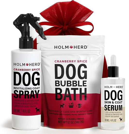 Holm & Herd Cranberry Spice Dog Care Gift Bundle – 3 Piece Grooming Set with Bubble Bath Shampoo Alternative, Deodorizing Coat Spray & Moisturizing Serum – Holiday Dog Spa Kit (Cranberry Spice)