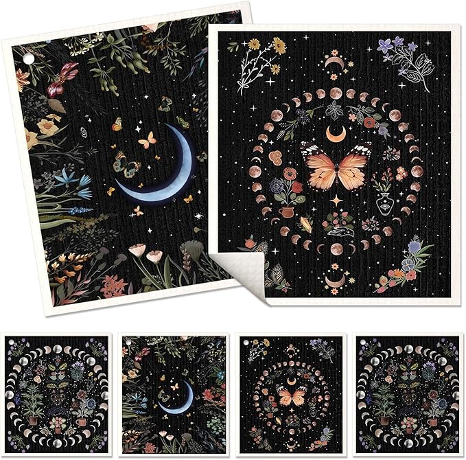 6 Pack Swedish Dishcloths for Kitchen - Reusable Dish Cloths for Washing Dishes Absorbent Cute Funny Kitchen Towels Cleaning Sponge, Moon Butterfly