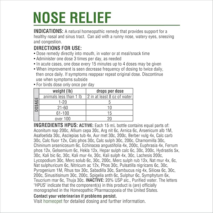 HomeoPet Nose Relief, Safe and Natural Sinus Supplement for Cats, Dogs, and Other Small Animals, 15 Milliliters