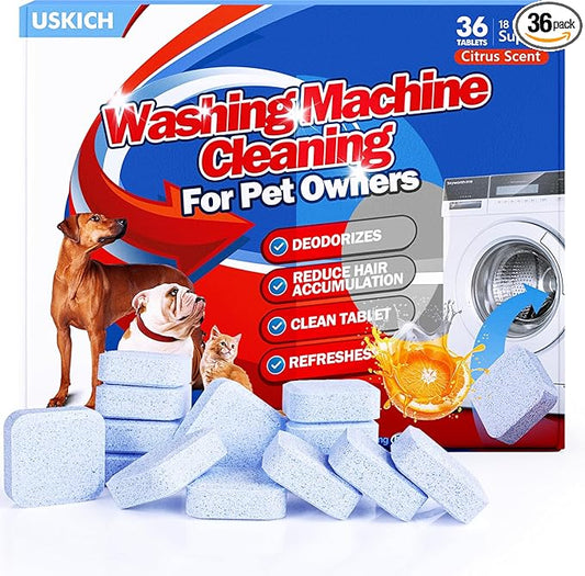 Washing Machine Cleaner-36Pack-18 Month Supply,Washer Machine Cleaner Tablets Formulated For Pet Owners,Easy Pet Hair Remover for Laundry,Compatible with HE, Top & Front Load Washer.Septic Safe