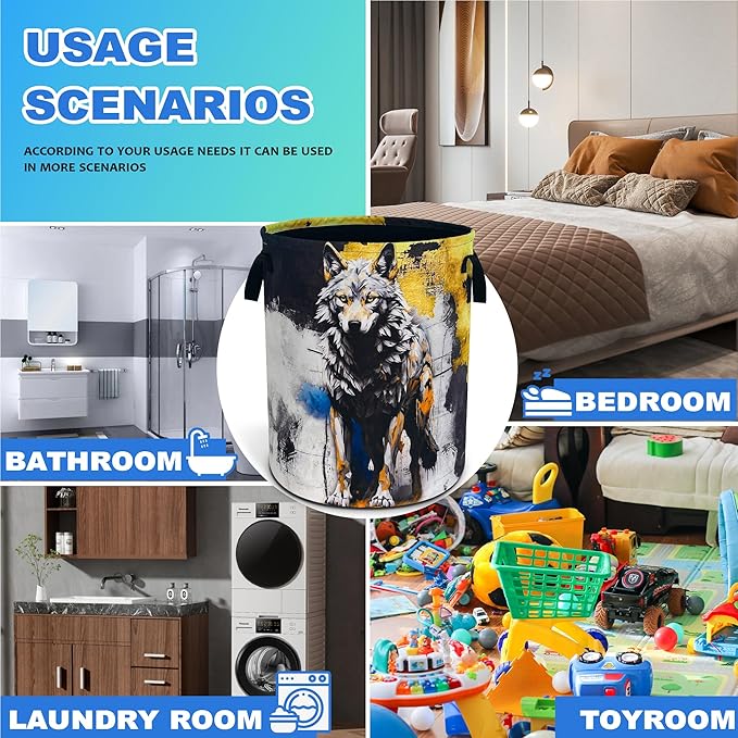Wolf Laundry Basket Grey Wolf Animal Oxford Cloth Laundry Hamper With Handle Foldable Portable Clothes Storage Basket 18.9 X 16.5 In Storage Bag For Laundry Room/Bathroom/Bedroom/Dormitories