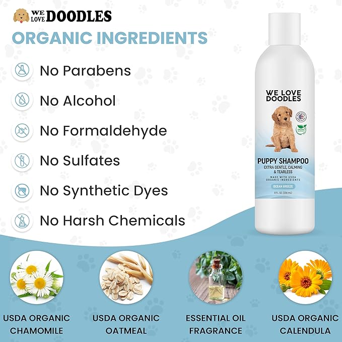 We Love Doodles 100pcs Dog Teeth Cleaning Wipes & Puppy Shampoo Bundle - Pet Dental Finger Wipes for Dogs, Organic Ingredients, Tear Free, Shampoo for Puppies, Sensitive & Itchy Skin Wash