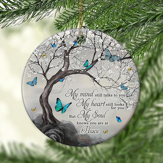 Hyturtle Butterfly Memorial Ornament - Remembrance Ceramic Keepsake with Tree and Quote - Sympathy Gift for Loss of Loved One - Bereavement Christmas Ornament - 3 Inch Memorial 4