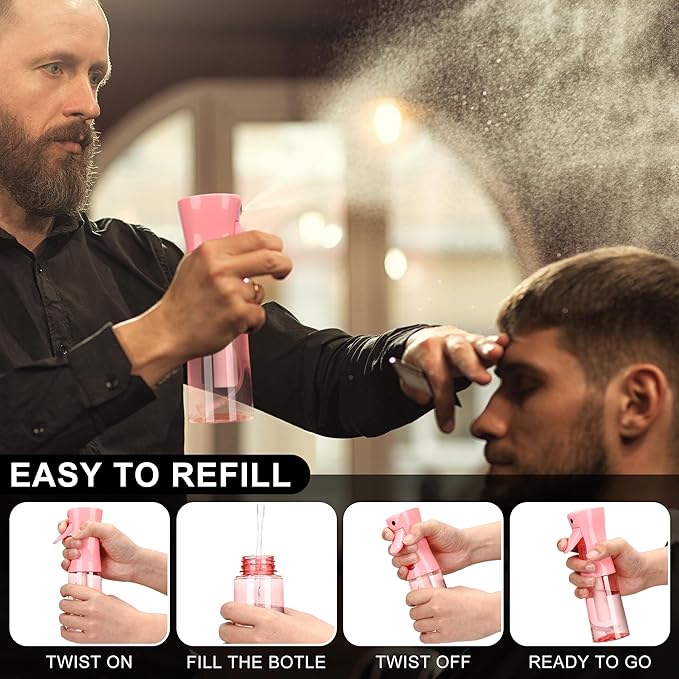 hair spray bottle, ultra-fine spray continuous spray bottle (200ml/6.8oz), used for hair design, vegetation, cleaning and skin care - empty, reusable (Pink transparent)