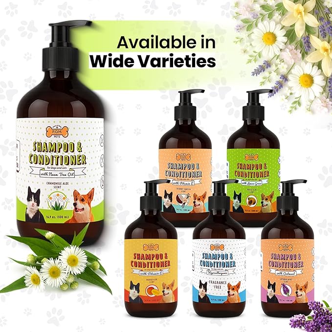 POM Pets 2-in-1 Organic Dog Shampoo & Conditioner – Itchy Skin Relief, Dog Deshedding, Detangles Fur, Cat Shampoo, Paw Cleaner for Dogs, Natural Coat Defense Formula