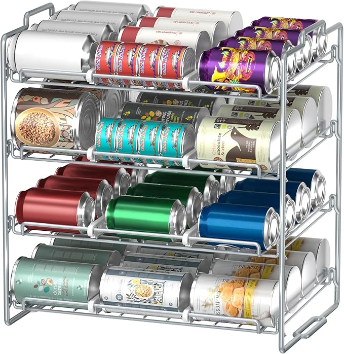 4 Tiers Stackable Can Rack Organizer, Wear-resistant Upgrade Beverage Food Can Dispenser Holder Holds up to 48 Cans for Kitchen Cabinet and Pantry (Silver)