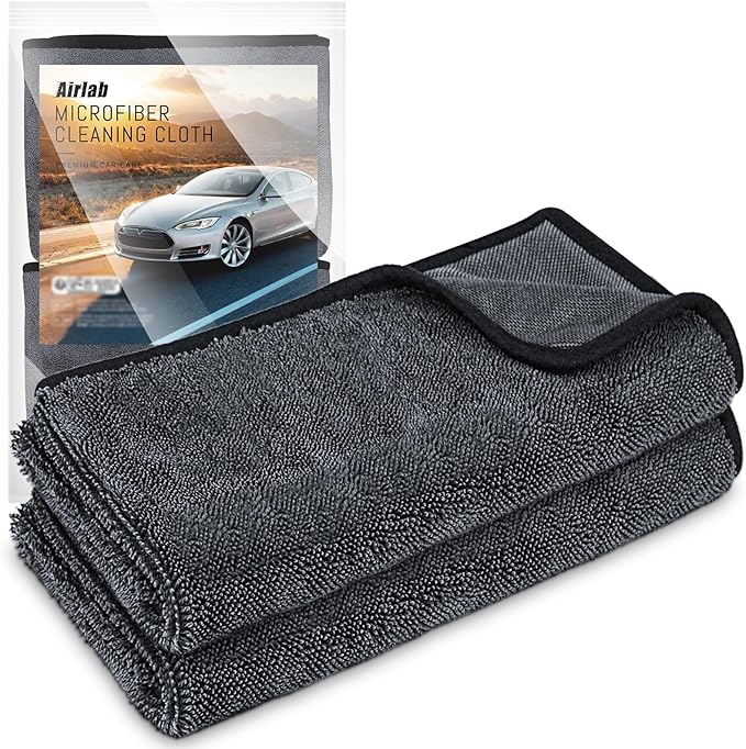 Airlab Microfiber Towels for Cars Wash Drying Super Absorbent Cleaning Cloth Auto Detailing Ultra Soft, Lint-Free, Streak-Free, 24 x 16 Inch, Pack of 2, Grey-Black, 600 GSM