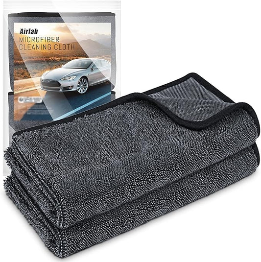 Airlab Microfiber Towels for Cars Wash Drying Super Absorbent Cleaning Cloth Auto Detailing Ultra Soft, Lint-Free, Streak-Free, 24 x 16 Inch, Pack of 2, Grey-Black, 600 GSM