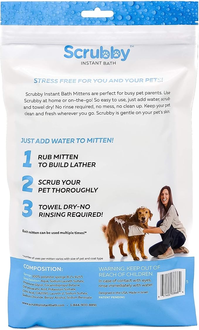 Wipes | Rinse Free Shampoo Mittens | Dogs & Cats | Bath Wipes | Bathing & Washing Pets, Hypoallergenic | No Rinse Wash Mitt | Grooming | Lather Wipe Dry