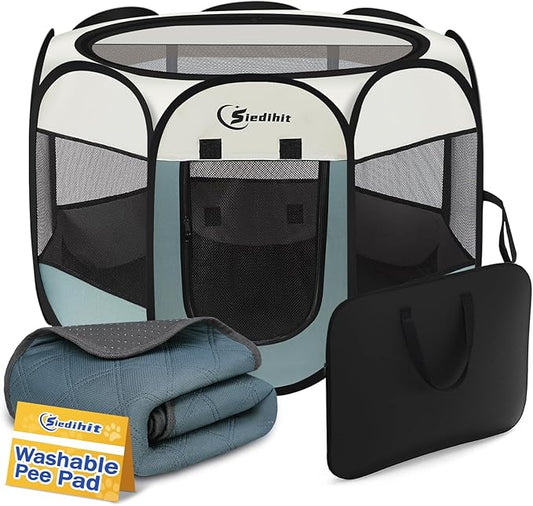 Dog Playpen with Washable Pee Pad, Puppy Pet Cat Playpen Small Dogs Tent Crate Indoor/Outdoor, Portable Pop Up Kennel with Carrying Case for Cats/Rabbits(Grey (29" x 29" x 17") with pad)