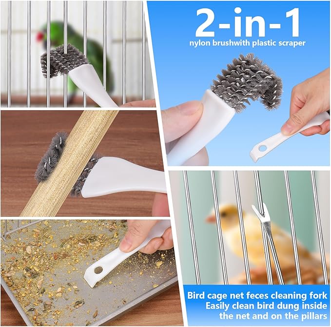 XANGNIER Bird Cage Cleaner Brush Kit,Bird Poop Remover Cleaning Tools Set Accessories for Small,Medium,Large,Tall,Stainless Steel,Parakeet,Budgie,African Grey Parrot,Cockatoo Birds Cage Accessories