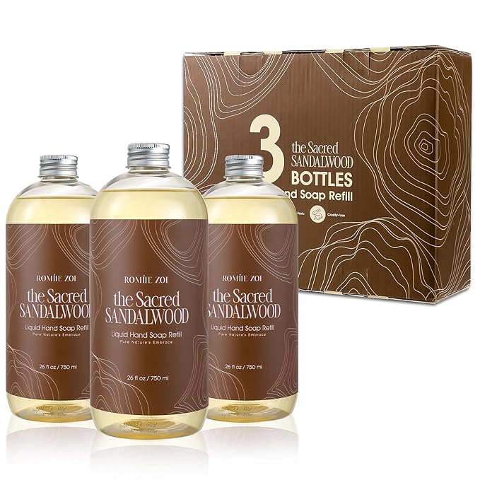 ROMIIE ZOI Liquid Hand Soap Refill Gift Set-3 Pack, Cruelty-Free and Biodegradable Formula, Moisturizing Hand Wash with Essential Oil for Sensitive Skin, Sandalwood Scent (26Fl Oz x 3)