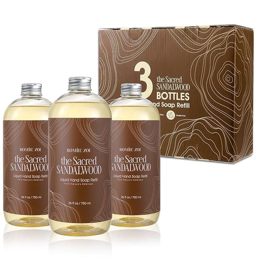 ROMIIE ZOI Liquid Hand Soap Refill Gift Set-3 Pack, Cruelty-Free and Biodegradable Formula, Moisturizing Hand Wash with Essential Oil for Sensitive Skin, Sandalwood Scent (26Fl Oz x 3)