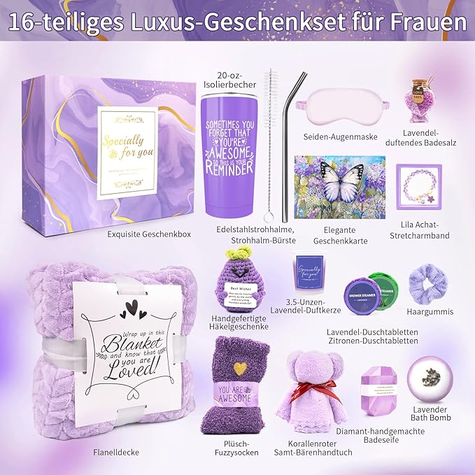Spa Gifts for Women, Lavender 16 Pcs Self Care Gifts for Women, Birthday Christmas Gift Basket for Mom Wife Girlfriend Her Sister, Thank You, Get Well, Sympathy Inspirational Care Package Spa Basket