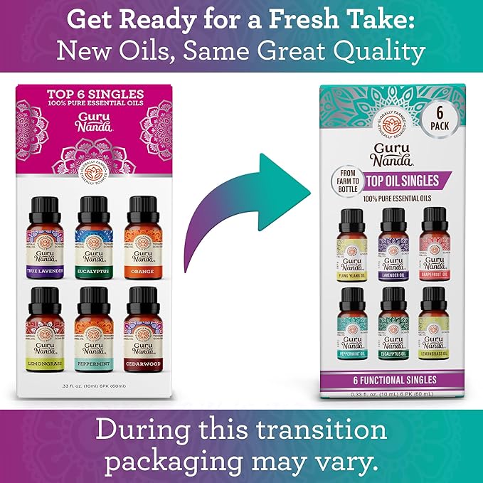 GuruNanda Essential Oils Set for Diffusers, 100% Pure, Aromatherapy, Massage, Candle & Soap Making Lavender, Peppermint, Eucalyptus, Grapefruit, Lemongrass, Ylang Ylang 0.33 Fl Oz (Pack of 6)