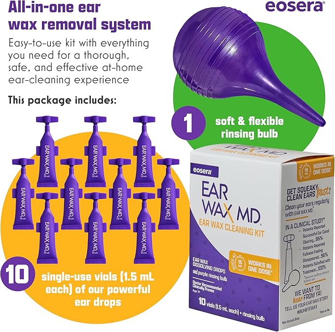 eosera Ear Wax MD Cleaning Kit - Fast-Acting Ear Wax Removal Drops & Rinse Bulb - Doctor Recommended, Clinically Proven Earwax Dissolver for Adults & Kids - Works in 15 Minutes - 10 Vials