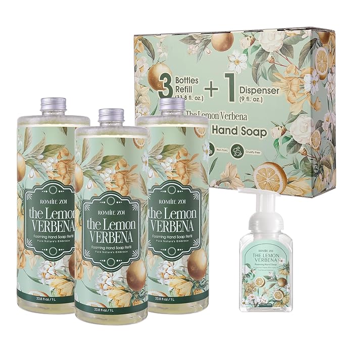 ROMIIE ZOI Foaming Hand Soap Refill Gift Set-3 Pack with Dispenser, Cruelty-Free and Biodegradable Formula, Moisturizing with Essential Oil for Sensitive Skin,Wild Lemon Verbena Scent,(33.8 Fl Oz x 3)