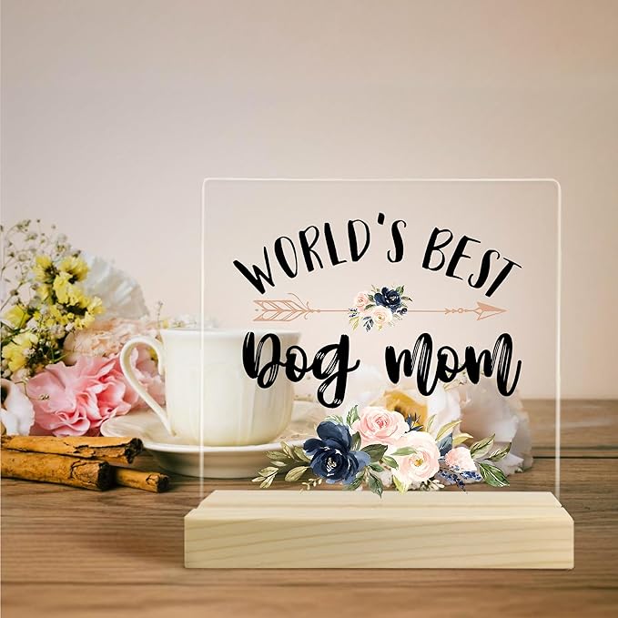 Dog Mom Gifts, Dog Mom Gifts for Women, World's Best Dog Mom Acrylic Plaque, Best Dog Mom Gifts, Dog Owner Gifts Lover Gifts for Women, Gifts for Dog Moms Acrylic Sign Desk Table Shelf Decor